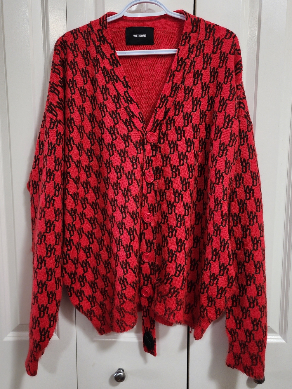 WE11DONE Red & Black Monogram Mohair Blend Cardigan | Size S